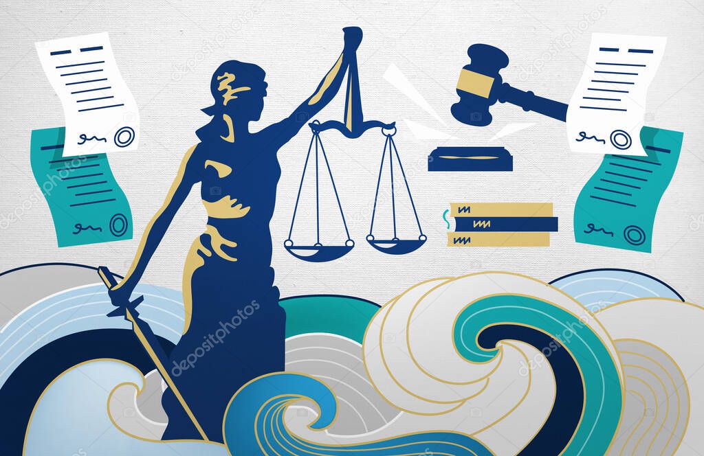 Legal and law concept, Litigation illustration of justice in court.