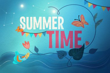 Yaz zamanı, mavi arkaplanda çiçekler, gökyüzü, yıldızlar, nehir ve balıklarla dolu bir metin. İllüstrasyon, festival afişi, seyahat kapağı.