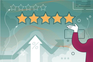 Çak beş yıldız derecesi, soyut geometrik arkaplan, web sitesi kapağı şablonu, rekabet, kalite iyileştirme, daha iyi ürünler hakkında illüstrasyon.