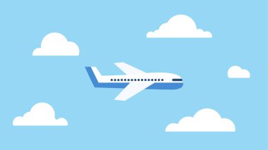 An airplane flying in the sky surrounded by clouds. Air transport or air travel concept. Flat style. Vector illustration