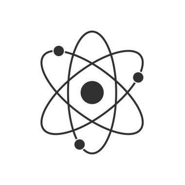 Atom icon isolated on white background. Structure of the nucleus of the atom. Around the atom, gamma waves, protons, neutrons and electrons. Vector illustration