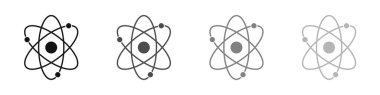 Atom icons set isolated on white background. Structure of the nucleus of the atom. Around the atom, gamma waves, protons, neutrons and electrons. Vector illustration