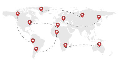 Dünya haritasındaki konum simgeleri kesik çizgiler şeklinde bir rotaya sahipler. Dünyayı dolaşmak için. Vektör illüstrasyonu