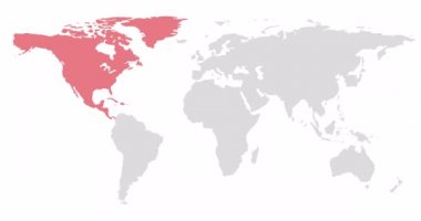 Kuzey Amerika 'nın kırmızı renklendirilmiş 2D Dünya haritası. Anakara bölgesinin tahsisi. Alfa kanalı. 4K