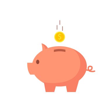 Kumbaraya düşen bir bozuk para. Finansal tasarruflar ve para birikimi. Düz stil. Vektör illüstrasyonu