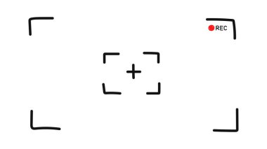 Dijital odak ve pozlama ayarlarına sahip kamera kayıt arayüzü arayüzü bulucu. Kamera çerçevesi görüntü bulucu ekranı. Video kayıt konsepti. Doodle tarzı. Vektör el çizimi resimleme