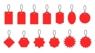 Beyaz arka planda izole edilmiş kırmızı kağıt fiyat etiketleri ya da çeşitli şekillerin hediye etiketleri. Vektör illüstrasyonu