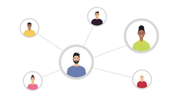 Düz stil insanların sosyal ağ diyagramı. Ağ bağlantısı. İşbirliği ve iletişim konsepti. Vektör illüstrasyonu