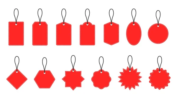 Beyaz arka planda izole edilmiş kırmızı kağıt fiyat etiketleri ya da çeşitli şekillerin hediye etiketleri. Vektör illüstrasyonu
