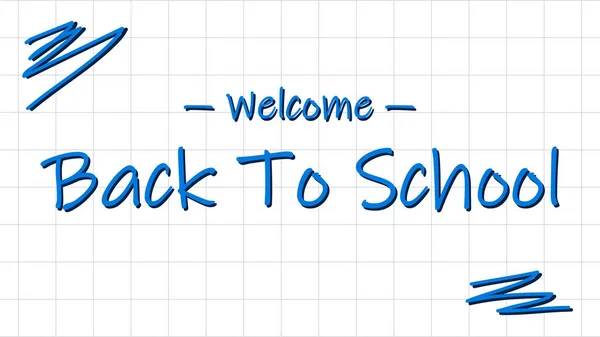 Bienvenido de nuevo a la escuela. Letras de mano en un cuaderno a cuadros con garabatos. Ilustración vectorial. — Vector de stock
