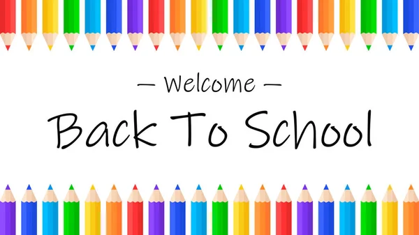 Bienvenido de nuevo a las letras de la escuela. Banner con lápices de diferentes colores. Ilustración vectorial. — Vector de stock