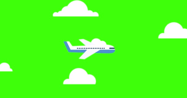 Animation eines Flugzeugs am Himmel, umgeben von Wolken. Lufttransport oder Luftverkehrskonzept. Flacher Stil. Grüner Bildschirm. 4K — Stockvideo