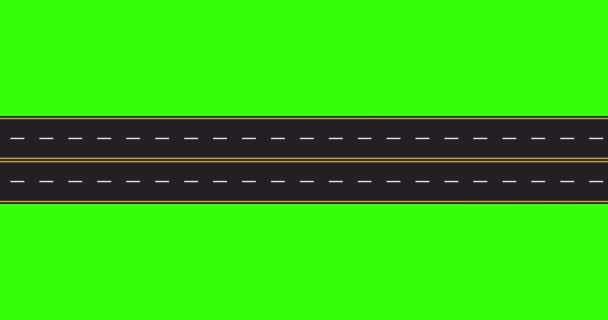 Asfaltweg voor auto 's met wegmarkeringen. Zicht van bovenaf. 4K animatie. Groen scherm — Stockvideo