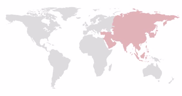 2D карта мира с красным выделением Азии. Распределение материковой территории. Альфа канал. 4K — стоковое видео