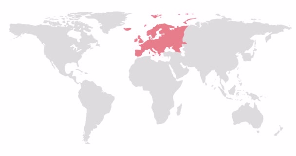 2D Mapa do mundo com destaque vermelho da Europa. Atribuição do território continental. Canal Alfa. 4K — Vídeo de Stock