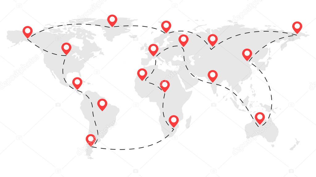 Location icons on the world map with a route in the form of dashed lines. Traveling around the world. Vector illustration