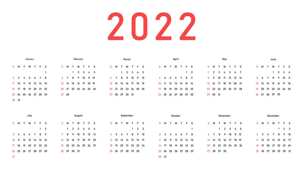 Calendario 2022 Aislado Sobre Fondo Blanco Semana Comienza Domingo Ilustración — Vector de stock