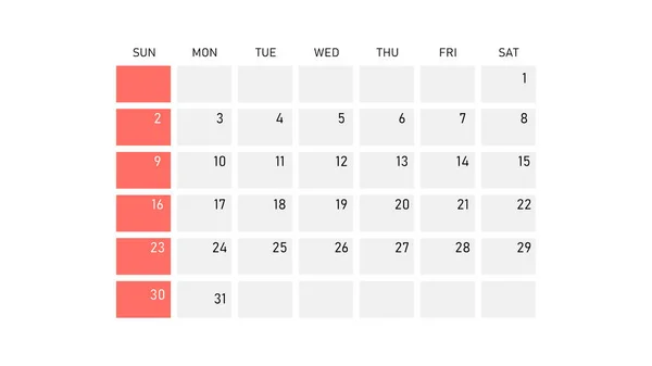 Plantilla Calendario Mes Del Año Semana Comienza Domingo Ilustración Vectorial — Vector de stock