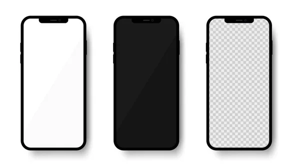 Akıllı telefon gerçekçi bir maket. Boş ekranlı 3 boyutlu akıllı telefonlar. Ön manzara. Vektör illüstrasyonu
