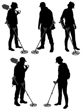 Beyaz arka plan üzerinde detectorists siluet 