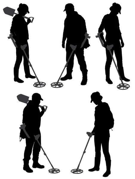 Beyaz arka plan üzerinde detectorists siluet 