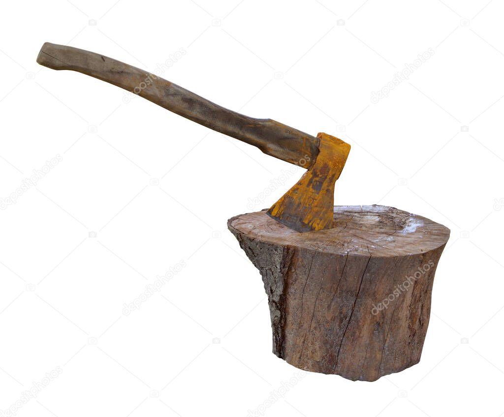 Splitting wood with axe isolated on white background.