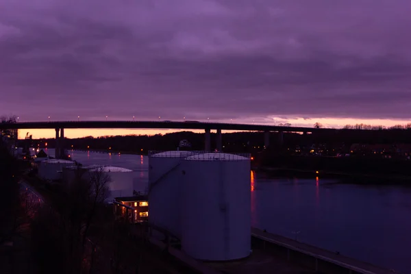 Puesta Sol Sobre Puente Kiel Holtenau — Foto de Stock