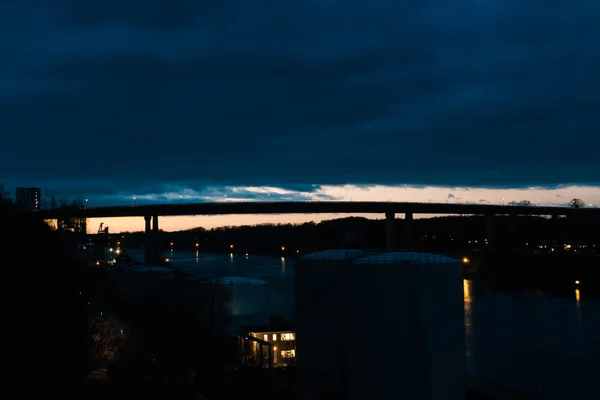 Solnedgång Över Den Höga Bron Kiel Holtenau — Stockfoto