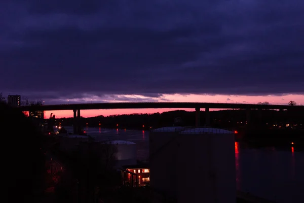 Puesta Sol Sobre Puente Kiel Holtenau — Foto de Stock