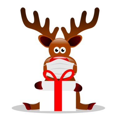 Noel Baba şapkası ve koruyucu maskeli ren geyiği.