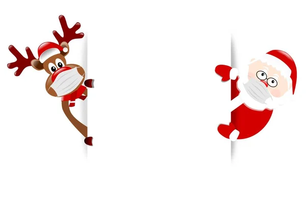 Noel Baba, koruyucu maskeli bir ren geyiği, Noel kartı şablonu.