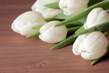 Ahşap zemin üzerinde beyaz laleler