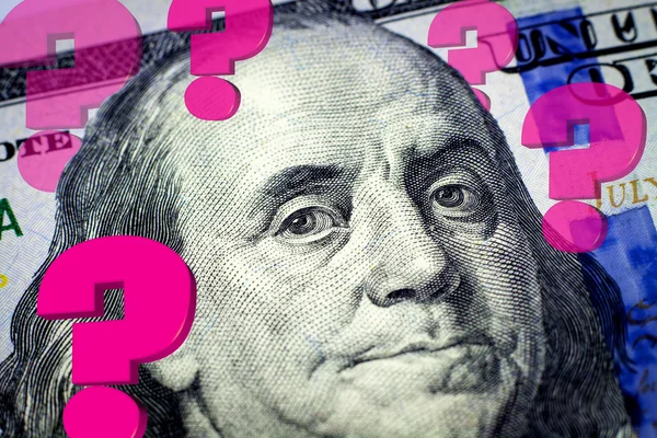 Benjamin Franklins porträtt och frågetecken — Stockfoto