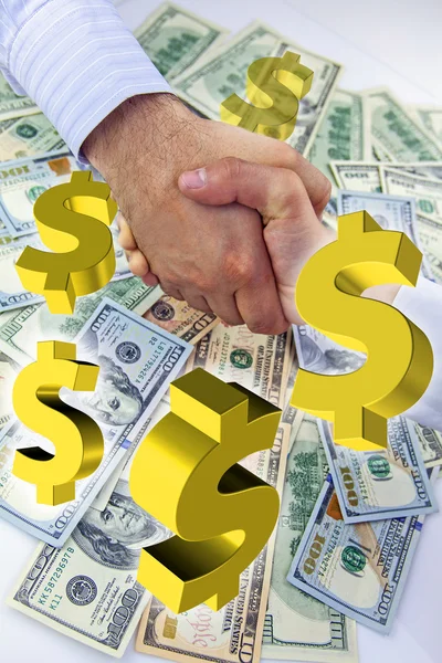 Las manos temblando sobre el dinero y los signos de dólar 3d flotando — Foto de Stock