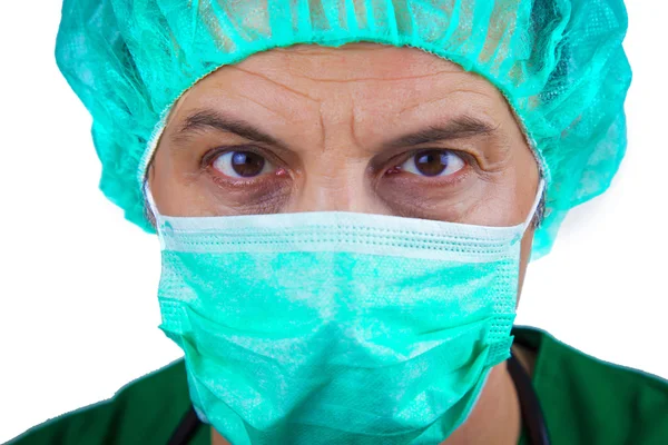 Dottore wiith maschera chirurgica e cappuccio — Foto Stock