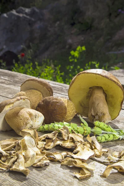 Boletus Edilus las setas sobre la mesa de madera - fresco y seco —  Fotos de Stock