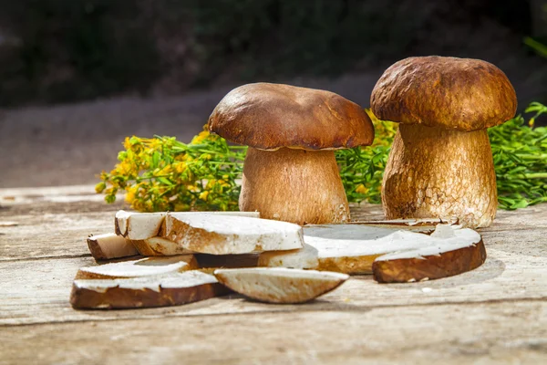 Boletus Edilus svampar på ett träbord - färska torkade och — Stockfoto