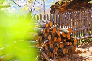 Odun kırsal ev bahçesinde yığılmış