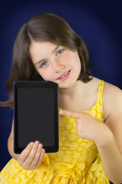 Portrait of beautiful little girl with tablet — Stock Photo, Image