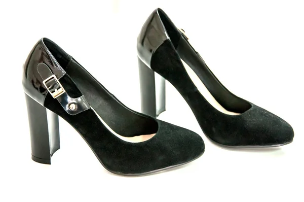 Par Zapatos Tacón Alto Negros Para Mujer Que Muestran Para — Foto de Stock