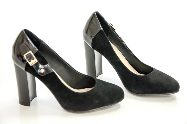 Par Zapatos Tacón Alto Negros Para Mujer Que Muestran Para — Foto de Stock