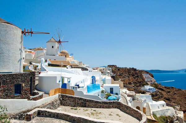 Oia windmills on the island of Santorini (Thira).