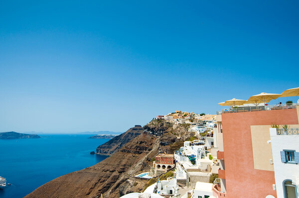View of Fira on the edge of the caldera. Santorini(Thira), Greece.
