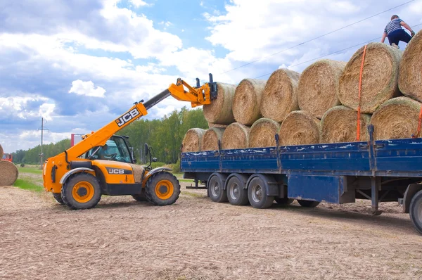 RUSSIE, BRYANSK-6 SEPTEMBRE : La main-d'œuvre agricole avec les machines agricoles le 6 septembre 2014 dans l'oblast de Bryansk, Russie . — Photo