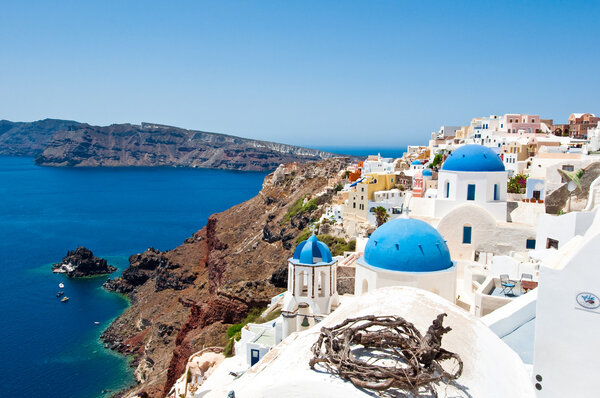 Churches on the edge of the caldera on the island of Santorini, Greece.