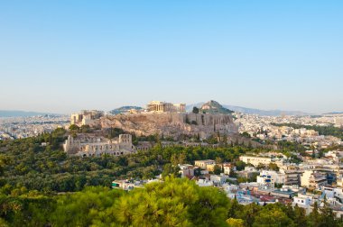 Panoramic view of Acropolis of Athens from Filopappos Hill. Greece.