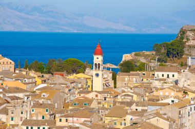 CORFU-AUGUST 22: Corfu city and the bell tower of the Saint Spyridon Church from the New Fortress on August 22, 2014 on Corfu island, Greece.