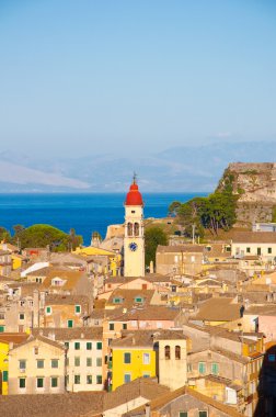 CORFU-AUGUST 22: Panoramic view of Corfu city and the bell tower of the Saint Spyridon Church from the New Fortress on August 22, 2014 on Corfu island, Greece.