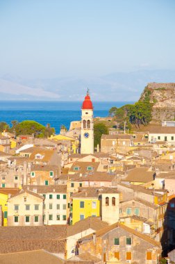 CORFU-AUGUST 22: Panoramic view the city of Corfu and the bell tower of the Saint Spyridon Church from the New Fortress on August 22, 2014 on Corfu island, Greece.