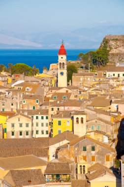 CORFU-AUGUST 22: Panoramic view the city of Corfu and the bell tower of the Saint Spyridon Church from the New Fortress on August 22, 2014 on Corfu island in Greece.